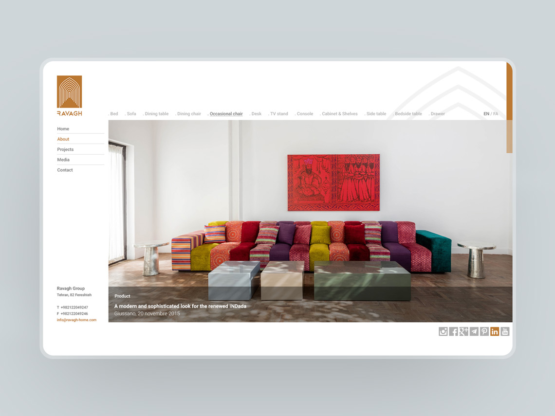 طراحی گرافیک وب، طراحی رابط کاربری و تجربی وب سایت گروه رواق، مبلمان و طراحی داخلی